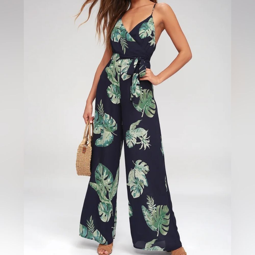 LULUS Give Me A Tropical Navy Blue Tropical Print Backless Jumpsuit, Size S
